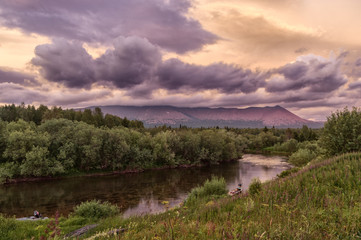 sunset in the Ural mountains in tulymskom stone