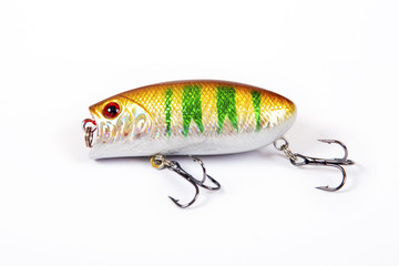 Fishing lure isolated on white. Wobbler in three color. Green, yellow and red colors.