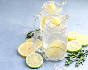 Lemonade with fresh lemon and lime Lemomade with rosemary and salt