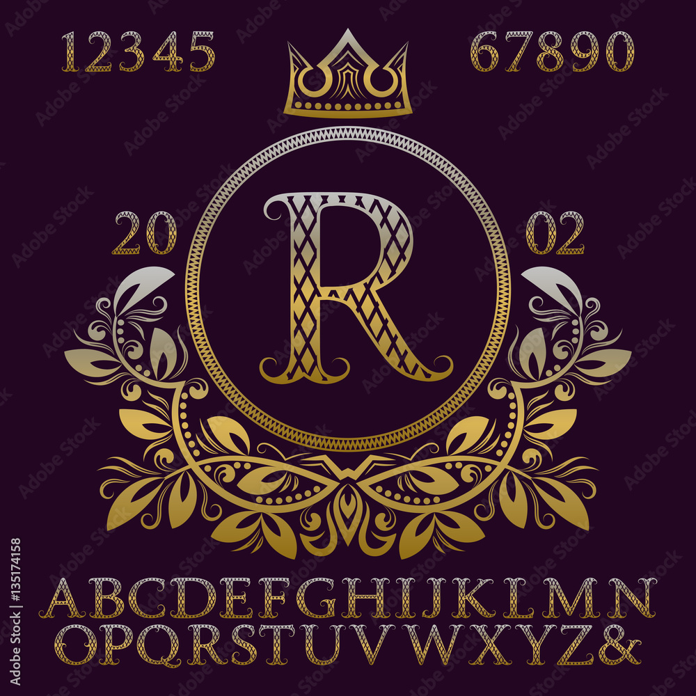 Poster golden patterned letters and numbers with initial monogram in coat of arms form. elegant font and el