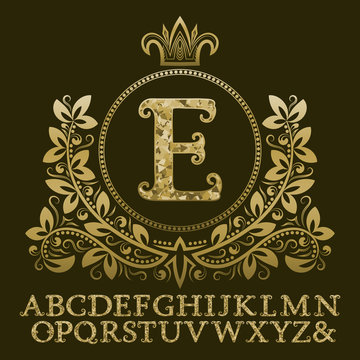 Golden encrusted letters and initial monogram in coat of arms form with crown. Royal font and elements kit for logo design.