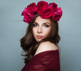 Pretty Woman in Rose Flowers Wreath