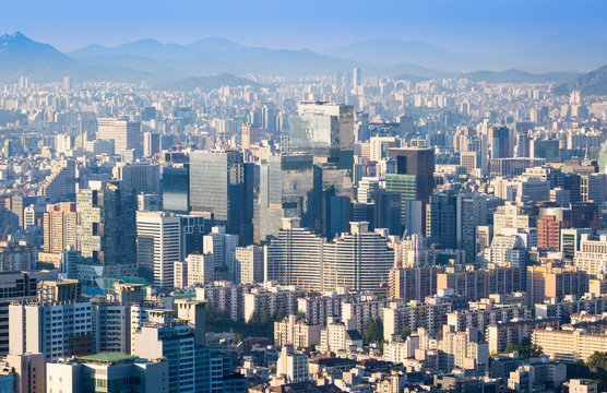 Seoul city and Downtown skyline in aerial, South Korea