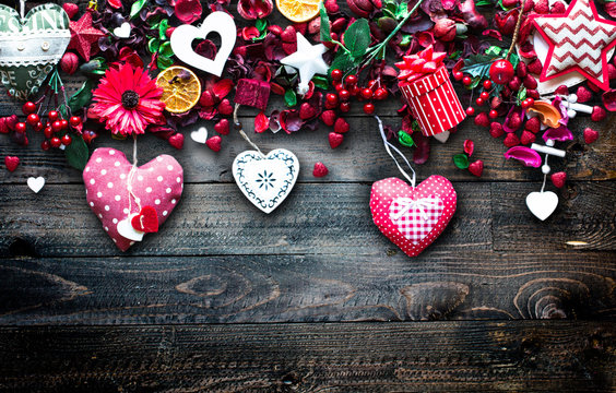 Valentine's Day Background with love themed elements like cotton and paper hearts