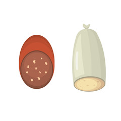 Set of vector cartoon sausage. Bacon, sliced Salami and Smoked Boiled. Isolated fresh Delicatessen icons. Grilled product on a white background