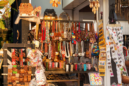Shop with souvenirs for tourists. Many accessories, magnets and decorations. Bali. Indonesia.
