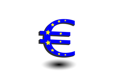 Blue euro with golden stars. Flag of Europe. Currency symbol with shadow on a white isolated background. Finance and business concept.