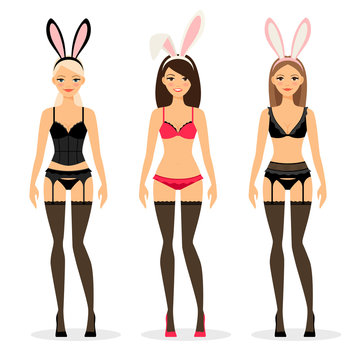 Women in lingerine and bunny ears isolated on white background. Vector illustration