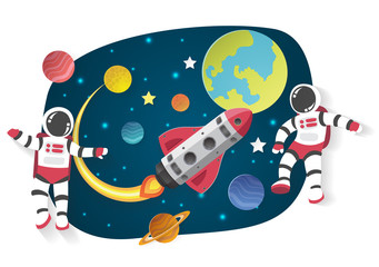 Astronaut cartoon on the moon with a spaceship in space,paper cu - 135181566