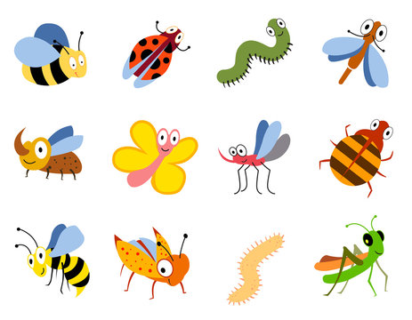 Funny insects, cute cartoon bugs vector set