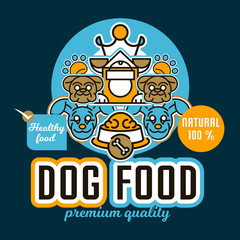 Vector illustration on the theme of food for dogs. Images of animals faces, different breeds of dogs, kennel, trace of legs, crown. Flat style, line art.