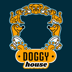 Vector illustration on the theme of assortments for the dog. Isolated elements arranged in a circle. Collar, dog's head, a trace of foot, for a bowl of food. Flat style, line art