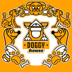 Vector illustration on the theme of dogs. Logo, isolated elements. Collar, dog's head, a trace of foot, for a bowl of food. Flat style, line art