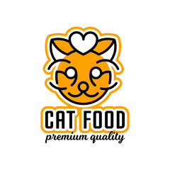 Logo on the theme of food for cats. The head of the cat, heart. Vector illustration. Line style.