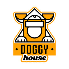 Logo on the theme of the house for dogs. Kennel for a pet, ears, paws. Vector illustration. Line style