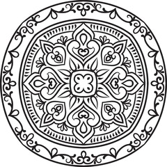 Drawing of a abstract vector with floral round lace mandala, decorative element in ethnic tribal style, black line art on a white background
