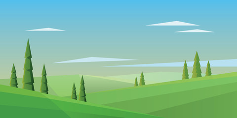Obraz premium Digital vector abstract background with pines, green fields and clouds, flat triangle style