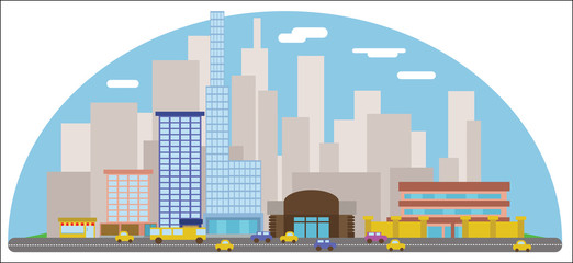 Obraz premium Digital vector abstract background with cityscape, road and cars, high buildings and clouds, flat triangle cartoon style