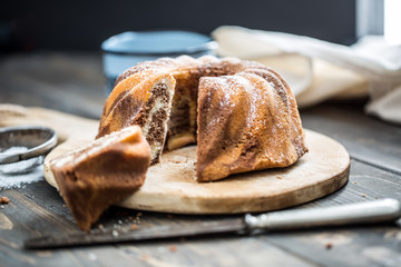 Cake. Marble cake cup of coffee powder sugar kitchen vintage utensil and fresh fruit berries.