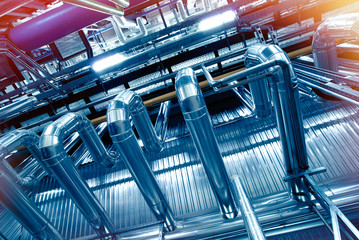 Industrial zone, Steel pipelines and cables in blue tones