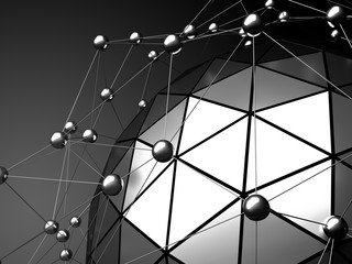 Low poly black sphere with chaotic structure. Futuristic backgro