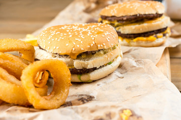 Cheese burger - American cheese burger with Golden onion rings