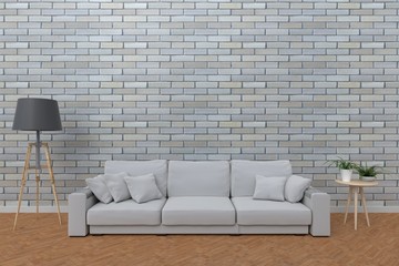 The interior has a White sofa and lamp on empty white wall background,3D rendering