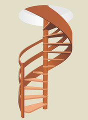 Vector spiral wooden staircase with a fence.  illustration.
