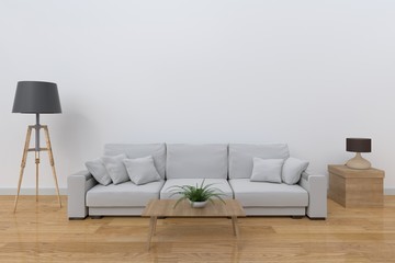 The interior has a White sofa and lamp on empty white wall background,3D rendering