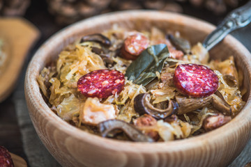 Traditional Sour Cabbage Soup with Sausage and Mushrooms