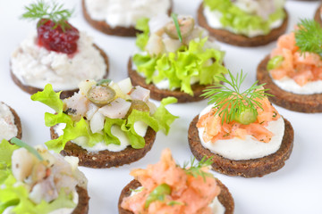 Leckeres Fisch-Fingerfood mit Lachstatar, Matjestatar und Forellencreme mit Preiselbeeren -  Finger food with salmon tartar, trout mousse with cranberries and herring salad on pumpernickel