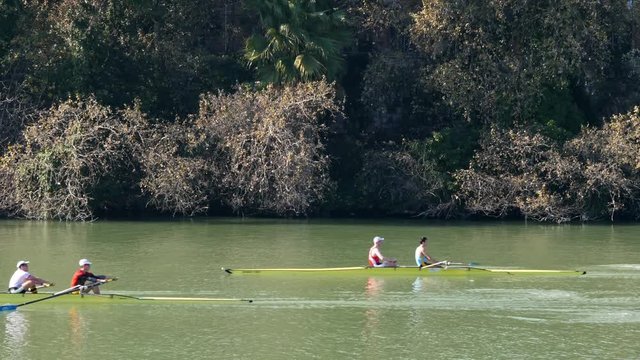 Sevilla, Spain. Rowers training on the river Guadalquivir