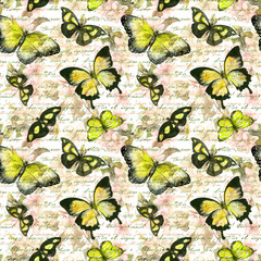 Flowers, butterflies, hand written text note. Watercolor. Seamless pattern