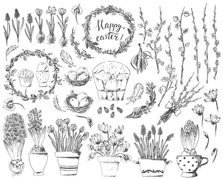 Hand drawn easter design elements set with easter wreath, eggs, flowers, willow branches, nest, hyacinth, crocus.