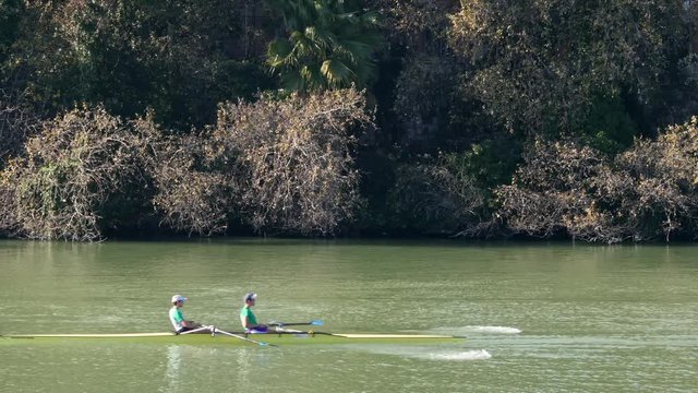 Sevilla, Spain. Rowers training on the river Guadalquivir