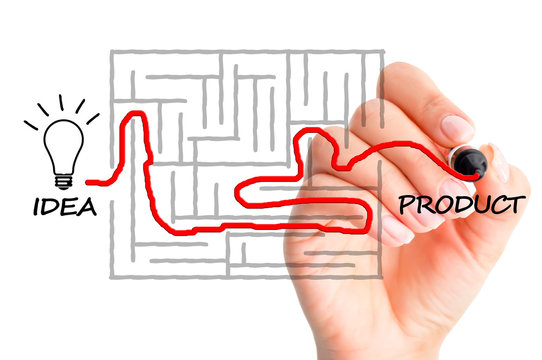 Bringing a product from concept to reality concept suggested by finding a path in a maze 