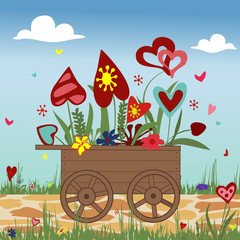 Hand truck with hearts on sky background