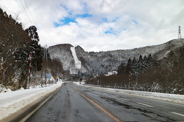 Road of the Kanetsu area with snow