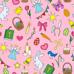 Seamless pattern with simple icons on a theme the holiday of Easter ,colored icons on pink background