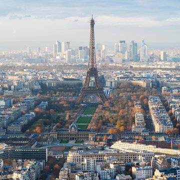 above view of Eiffel Tower and La Defence district