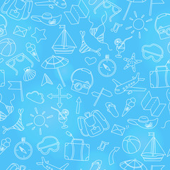 Seamless background with simple hand-drawn icons on the theme of summer and vacation, light outline on a blue  background