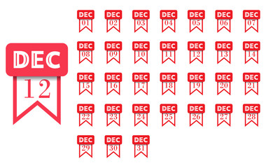 December. Calendar icon for every day of month. Flat style. Vector illustration
