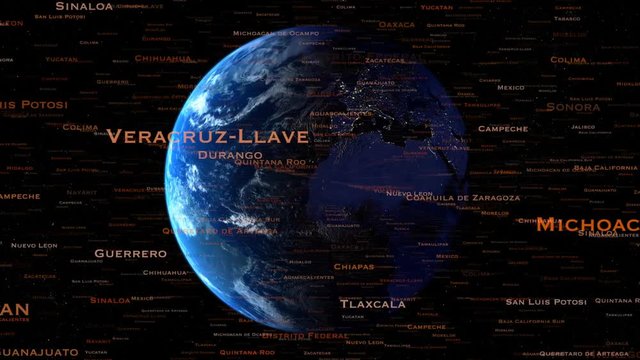 Names of world locations, cities, states and countries exploding out from a rotating earth can be used for population or emigration inferences or any other subject such as politics..