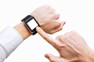 Businessman is pointing at smart hand with smart watch isolated