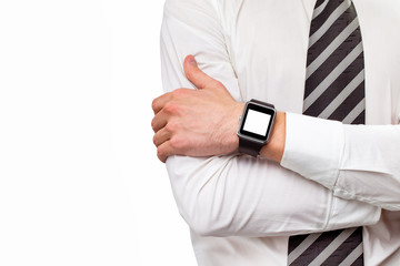 Closeup mockup of male hands with smart watch isolated 