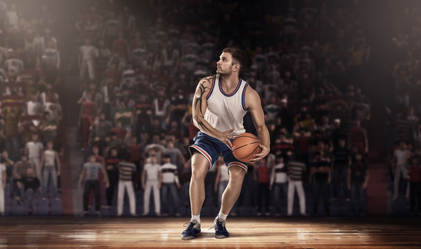 basketball player on parquet with ball in light rays
