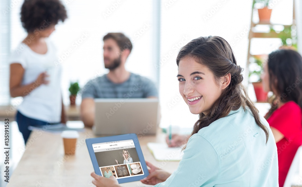 Poster composite image of smiling businesswoman using tablet