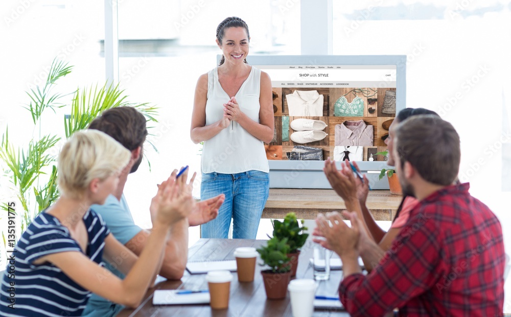 Poster composite image of colleagues clapping hands in a meeting
