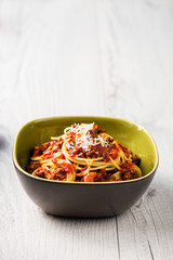 Spaghetti bolognese with parmesan cheese