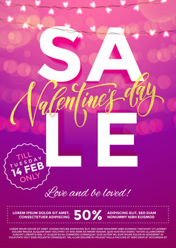 Valentine sale hearts and garland glitter vector banner